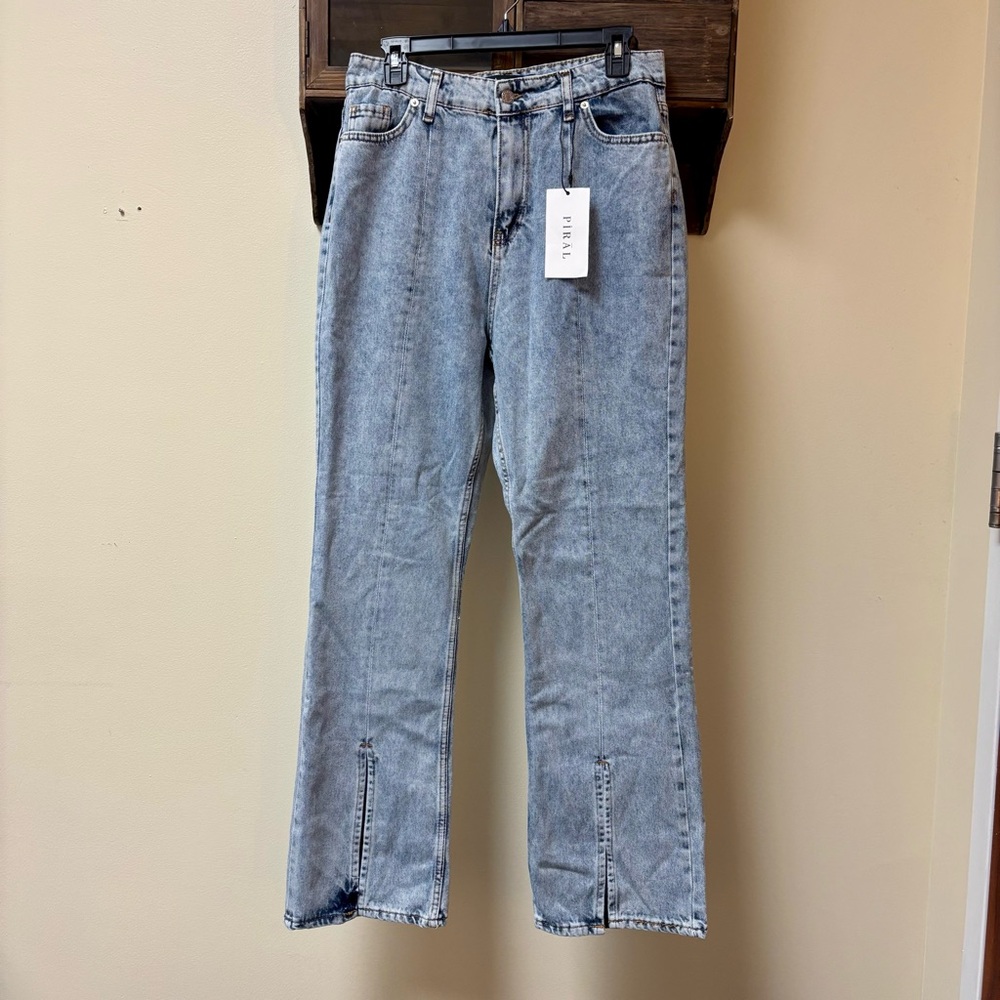 PIRAL Hem Front Split Jeans in Blue Size Large NEW
